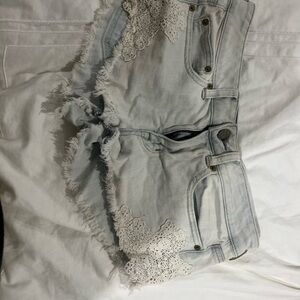 Light Blue Denim Shorts with Lace Accents